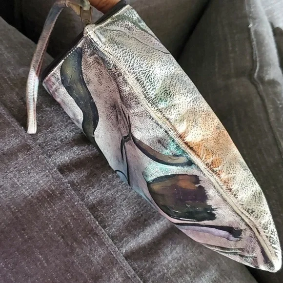 VINTAGE 80S 90s LARGE WRISTLET BAG CONTEMPORARY HAND PAINTED LEATHER BRIT Signed - Picture 7 of 11